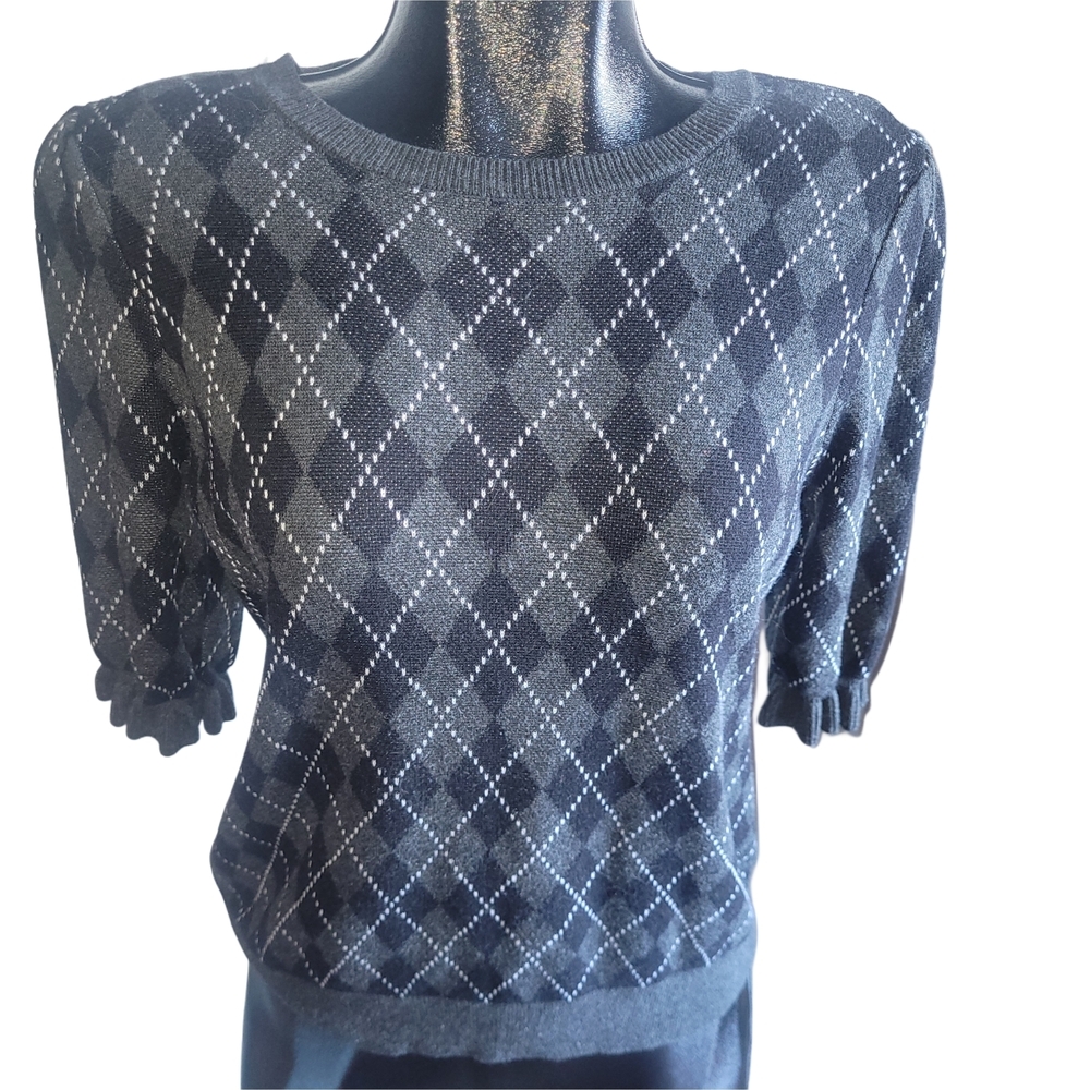 Kaily K Black and Gray Argyle Short Puff Sleeve Crew Neck Sweater L